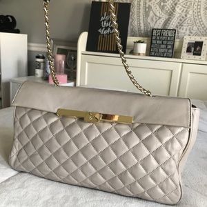 Brooks Brothers Cream Beige Quilted Shoulder Bag with Gold Accents